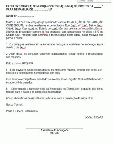 Modelo de Petição Ação de Separação Consensual Pedido de Homologação de Reconciliação entre Cônjuges