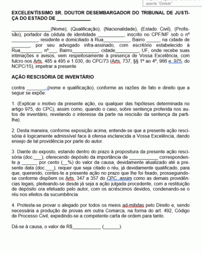 Modelo de Petição Ação Rescisória de Inventário