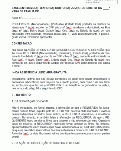 Modelo de Petição Contestação de Ação de Guarda e Busca e Apreensão de Menor