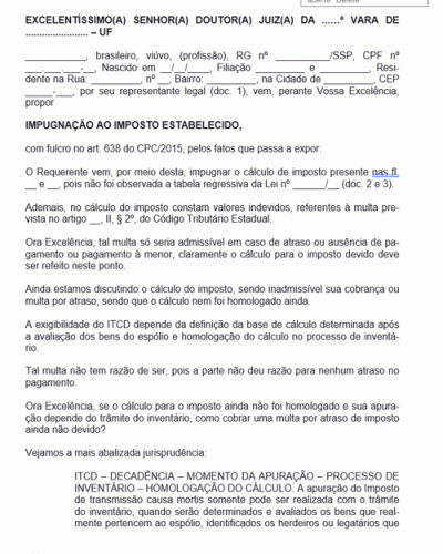 Modelo de Petição Inventário Impugnação a Imposto Estabelecido