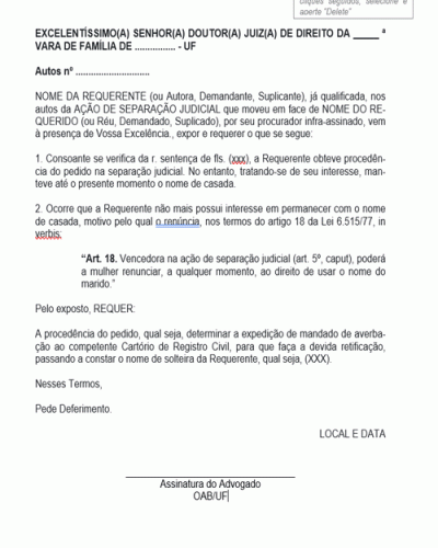 Modelo de Petição Pedido de Renúncia ao Nome do Marido