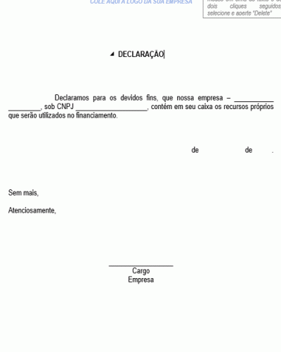 Modelo de Declaração de Caixa Próprio para Financiamento