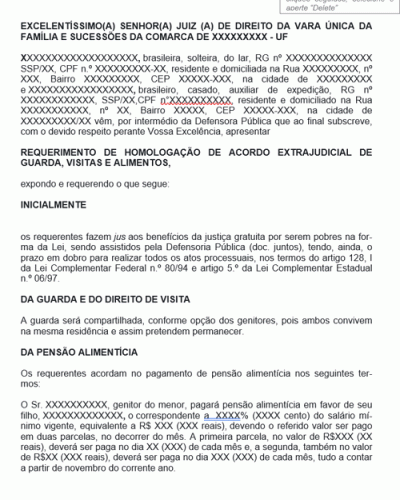 Modelo de Petição de Homologação de Acordo Extrajudicial de Guarda, Visitas e Alimentos