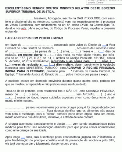 Modelo de Petição Habeas Corpus Modelo Genérico com Pedido de Liminar