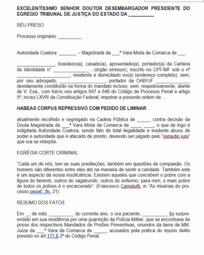 Modelo de Petição Habeas Corpus Repressivo com Pedido de Liminar