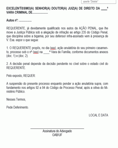 Modelo de Petição Pedido de Suspensão de Ação Penal Definição de Questão Prejudicial