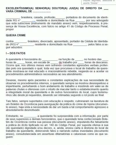 Modelo de Petição Queixa Crime por Calúnia e Difamação Local de Trabalho