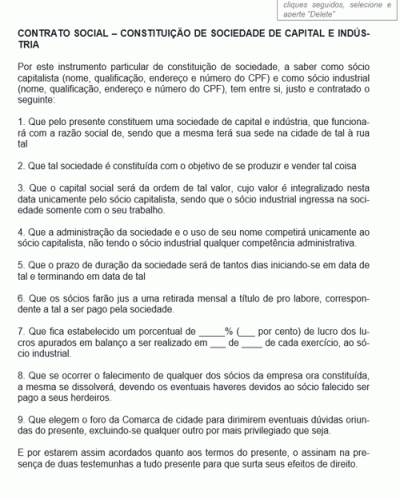 Modelo de Contrato Constituição de Sociedade