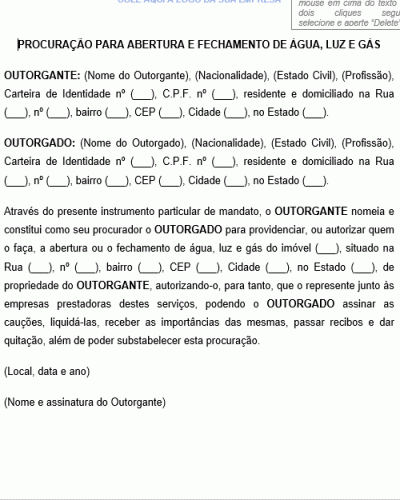 Modelo de Procuração para aberturamento e fechamento de água, luz e gás