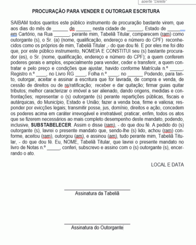 Modelo de Procuração para Vender e Outorgar Escritura