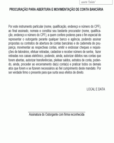 Modelo de Procuração para Abertura e Movimentação de Conta Bancária