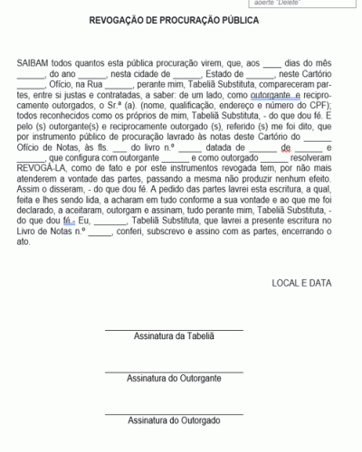 Modelo de Revogação de Procuração Pública 