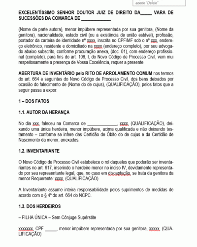 Modelo de Petição Abertura de Inventário pelo Rito de Arrolamento Comum