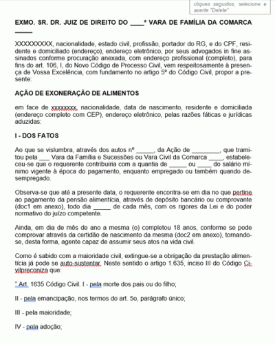 Modelo de Petição Ação de Exoneração de Alimentos