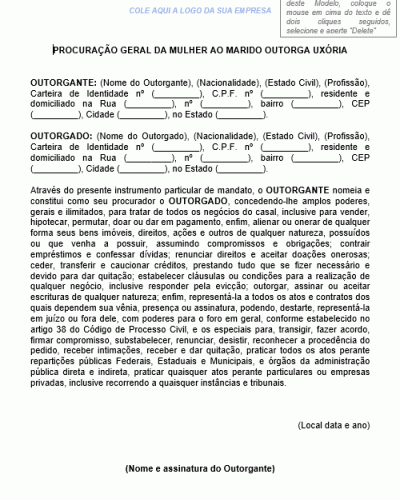 Modelo de Procuração Geral da Mulher ao Marido Outorga Uxória - Administração de Bens