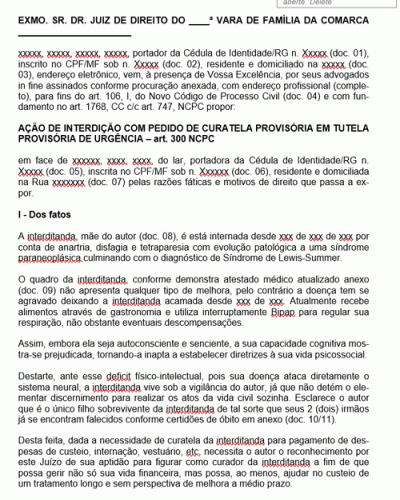 Modelo de Petição Ação de Interdiação com Pedido de Curatela Provisória em Tutela Provisória de Urgência