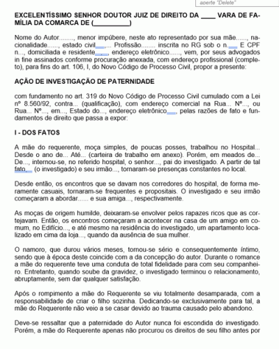 Modelo de Petição Ação de Investigação de Paternidade