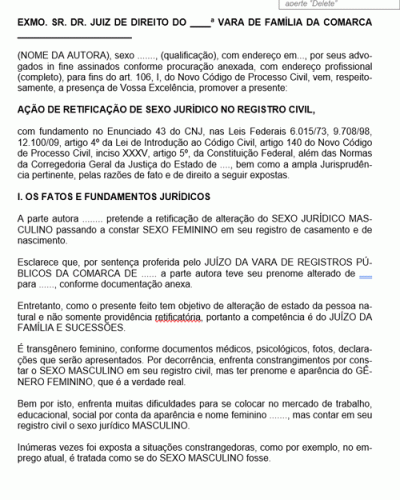 Modelo de Termo de Petição Ação de Retificação de Registro Civil Alteração de Sexo Jurídico no Registro Civil