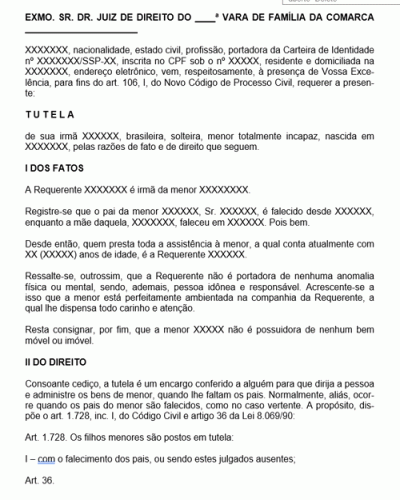 Modelo de Termo de Petição Ação de Tutela de Menor