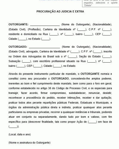 Modelo de Procuração Ad Judicia Extra - Amplos poderes - Interesses - Mandato