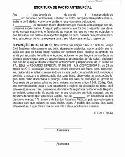 Modelo de Termo de Contrato Escritura de Pacto Antenupcial