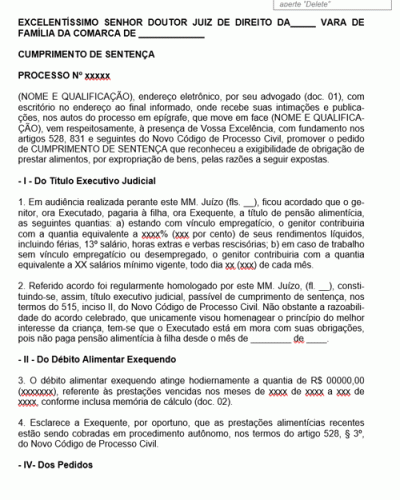 Modelo de Petição Execução de Alimentos Cumprimento de Sentença Rito de Penhora de Bens