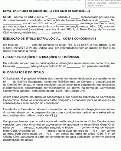 Modelo de Petição Ação de Execução de Cotas Condominiais