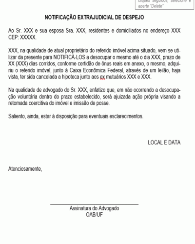 Modelo de Notificação Extrajudicial de Despejo