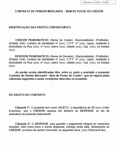 Modelo de Contrato de Penhor Mercantil - Bem de Posse do Credor