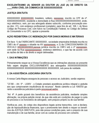 Modelo de Petição Inicial Contra Fabricante e Concessionária de Veículo Vício do Produto Carro 0 km