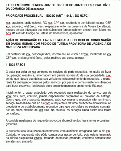 Modelo de Petição Inicial Contra Pessoa Jurídica Má Prestação de Serviços Conserto Carro