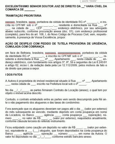 Modelo de Petição Inicial Despejo Cumulado com Cobrança