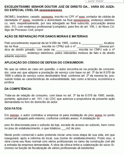 Modelo de Petição Inicial Instalação de Piso Má Prestação do Serviço Indenizatória