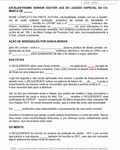 Modelo de Petição Inicial Ação de Indenização por Danos Morais Negativação Indevida Encerramento Conta Bancária