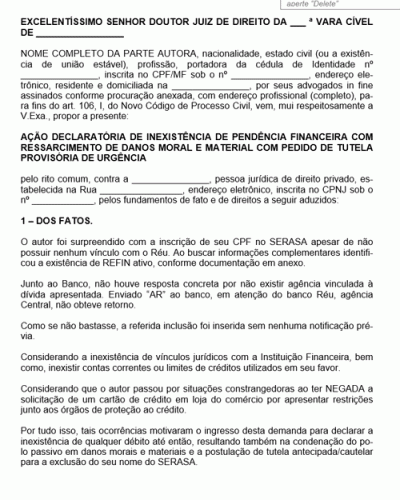 Modelo de Petição Inicial Declaratória de Inexistência de Dívida Sem Vínculo Contratual com o Banco Réu