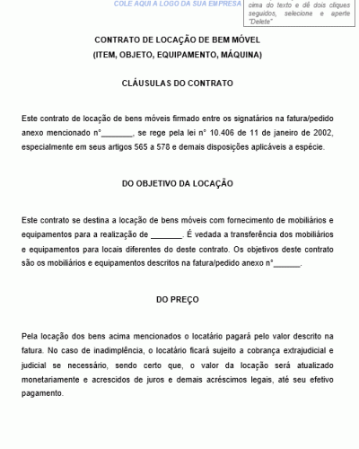 Modelo de Contrato Particular de Aluguel de equipamento - móvel - máquina - objeto - item em geral