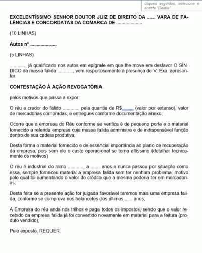 Modelo de Petição Revocatória de Falência Contestação