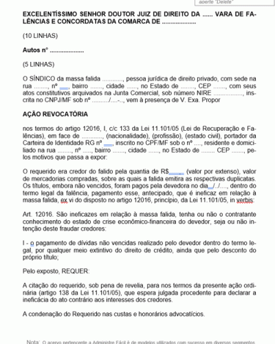 Modelo de Petição Revocatória de Falência Inicial