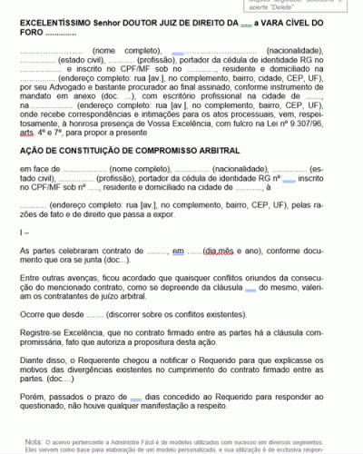 Modelo de Petição Ação de Constituição de Compromisso Arbitral