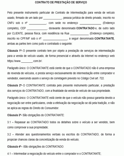 Modelo de Contrato de Prestação de Serviço de Intermediação para Venda de veículo