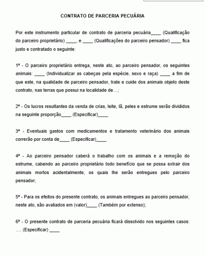 Modelo de Contrato de Parceria Pecuária - Animais - Cuidado e Zelo