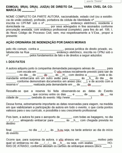 Modelo de Termo de Petição Inicial Atraso de Voo Danos Morais