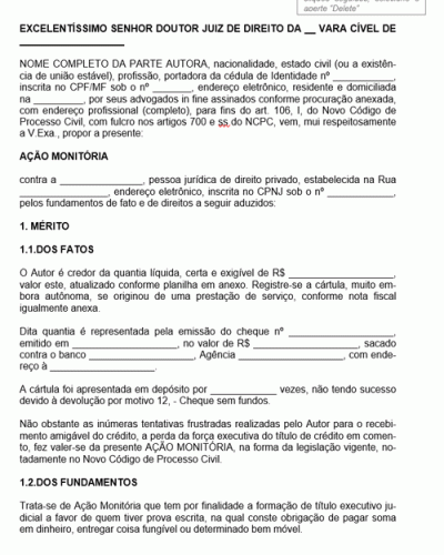 Modelo de Termo de Petição Inicial Ação Monitória Cheque