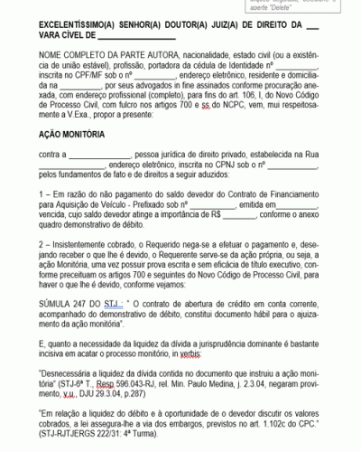 Modelo de Termo de Petição Inicial Ação Monitória Contrato de Financiamento