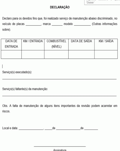 Modelo de Declaração de Manutenção de Veículo