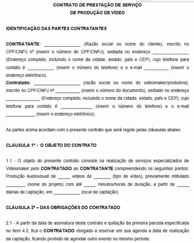 Modelo de Contrato de Prestação de Serviço de Videomaker Filmmaker