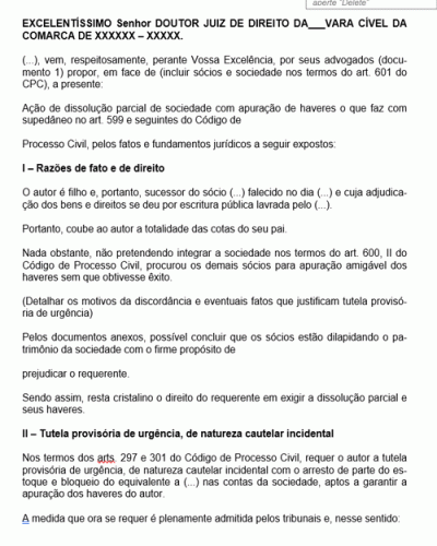 Modelo de Termo de Petição Ação de Dissolução de Sociedade