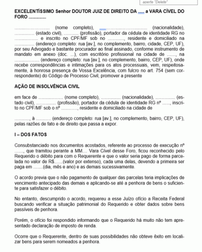 Modelo de Termo de Petição Ação de Insolvência Civil