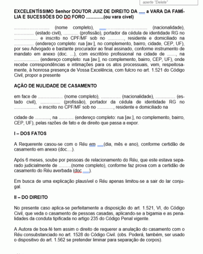 Modelo de Termo de Petição Ação de Nulidade de Casamento