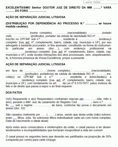 Modelo de Termo de Petição Ação de Separação Judicial Litigiosa